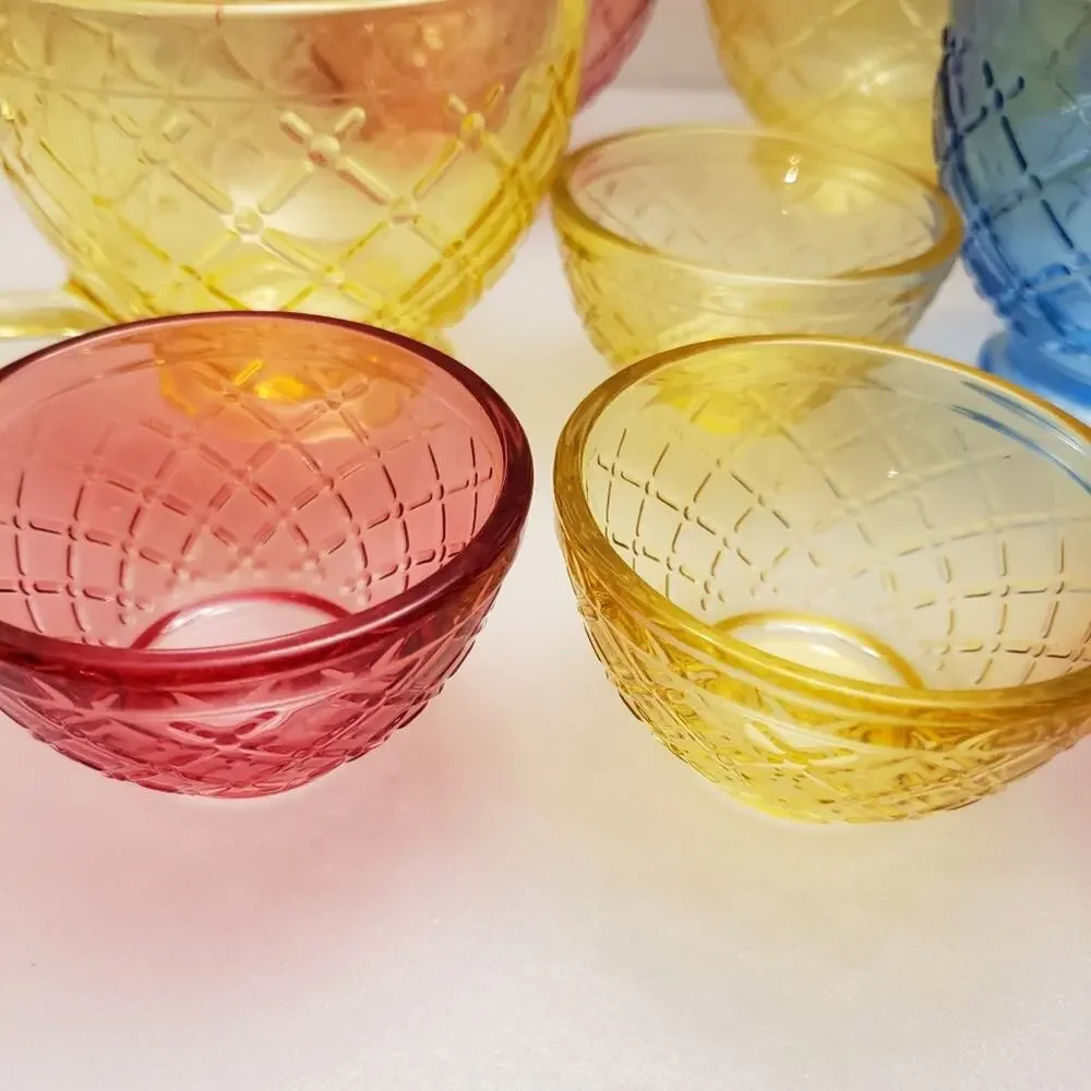 Lot of 4 decorative‎ glass cups 12 oz and 4 small bowls 3 oz multi colored